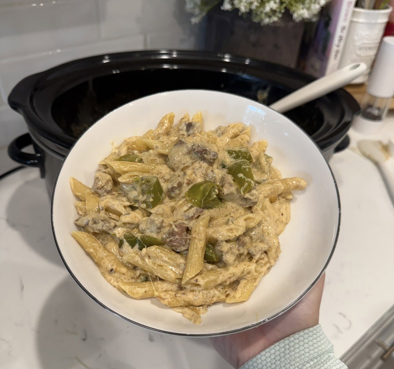 Crockpot Philly Cheesesteak Pasta